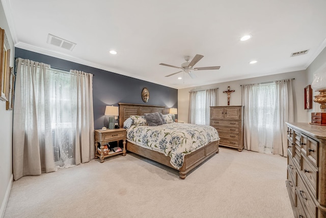 6 Memas Ct, Dix Hills, NY 11746 - bedroom featuring light colored carpet, crown molding, recessed lighting, and ceiling fan