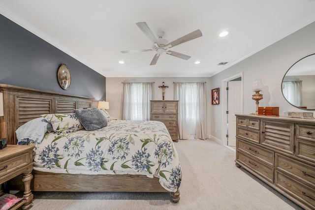 6 Memas Ct, Dix Hills, NY 11746 - bedroom with light colored carpet, recessed lighting, crown molding, and a ceiling fan