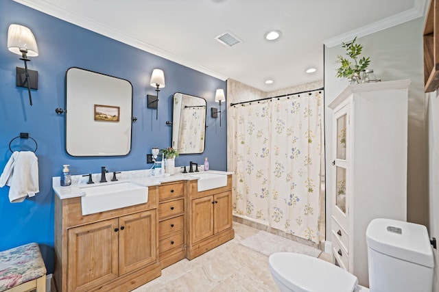 6 Memas Ct, Dix Hills, NY 11746 - full bathroom with curtained shower, double vanity, crown molding, and recessed lighting