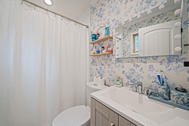 6 Memas Ct, Dix Hills, NY 11746 - bathroom featuring wallpapered walls, vanity, and curtained shower