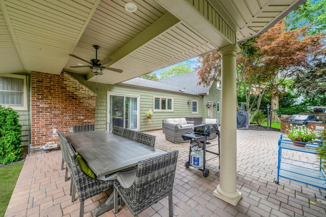 6 Memas Ct, Dix Hills, NY 11746 - view of patio featuring outdoor lounge area, outdoor dining area, a ceiling fan, and a grill