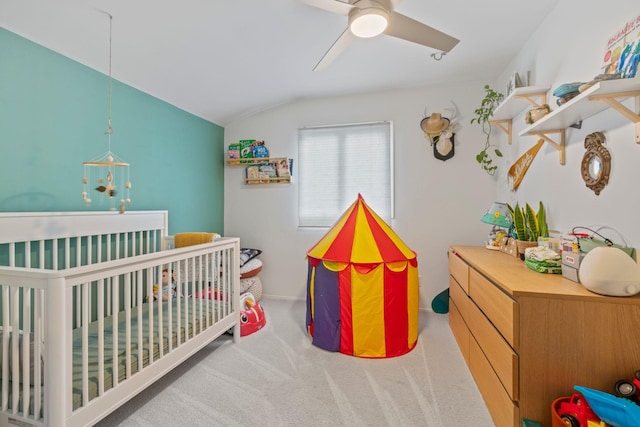 20 Tulipwood Dr, Commack, NY 11725 - bedroom featuring lofted ceiling, carpet floors, a crib, and a ceiling fan