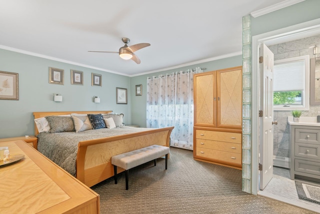 20 Tulipwood Dr, Commack, NY 11725 - bedroom with carpet flooring, ornamental molding, ceiling fan, and ensuite bath