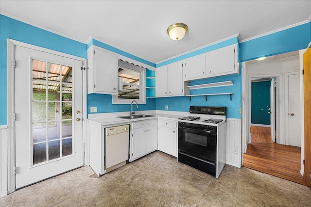 11 Bertha St, East Patchogue, NY 11772 - kitchen with range with gas stovetop, white dishwasher, open shelves, light floors, and white cabinetry