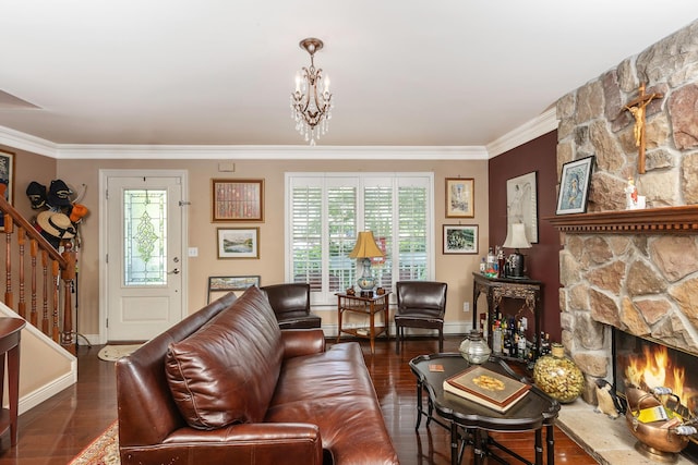 224 Moriches Middle Island Rd, Shirley, NY 11967 - living area with stairs, crown molding, wood finished floors, a stone fireplace, and healthy amount of natural light