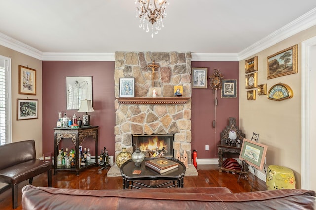 224 Moriches Middle Island Rd, Shirley, NY 11967 - living room with ornamental molding, a stone fireplace, wood finished floors, and a chandelier