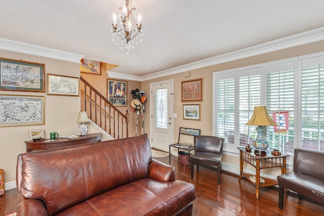 224 Moriches Middle Island Rd, Shirley, NY 11967 - living area featuring stairway, wood finished floors, a chandelier, and ornamental molding