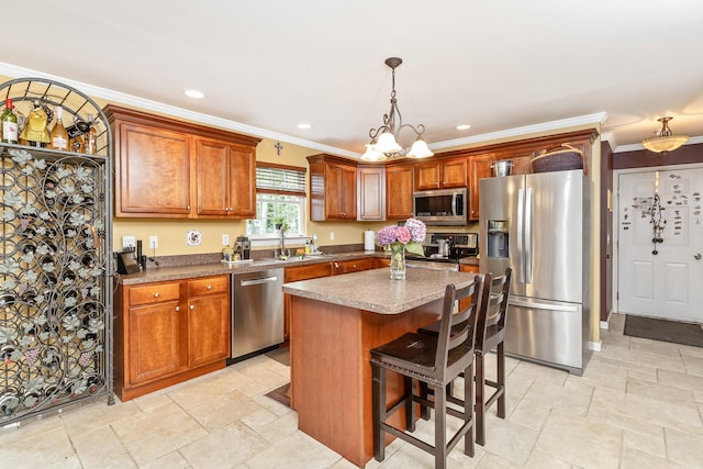 224 Moriches Middle Island Rd, Shirley, NY 11967 - kitchen featuring stainless steel appliances, ornamental molding, stone tile floors, a center island, and a breakfast bar area