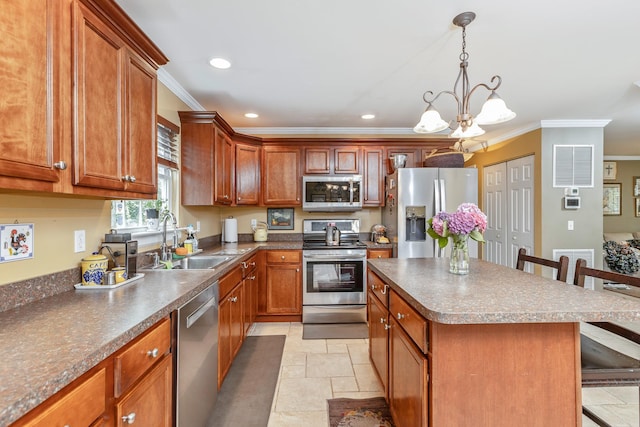 224 Moriches Middle Island Rd, Shirley, NY 11967 - kitchen with stainless steel appliances, ornamental molding, a kitchen breakfast bar, a chandelier, and dark countertops