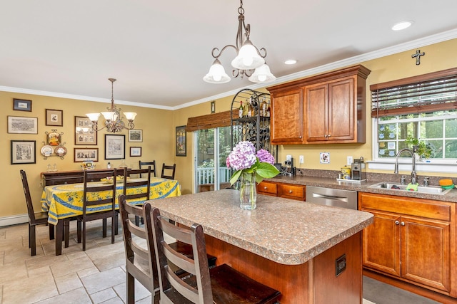 224 Moriches Middle Island Rd, Shirley, NY 11967 - kitchen with a chandelier, dishwasher, plenty of natural light, light stone finish flooring, and crown molding