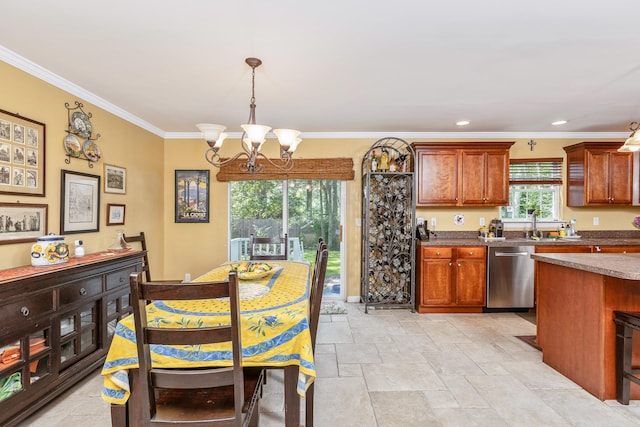 224 Moriches Middle Island Rd, Shirley, NY 11967 - kitchen with stainless steel dishwasher, a chandelier, crown molding, decorative light fixtures, and light stone finish floors