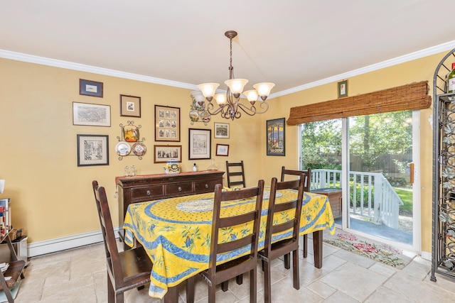 224 Moriches Middle Island Rd, Shirley, NY 11967 - dining room with a chandelier, ornamental molding, a baseboard heating unit, and stone tile flooring