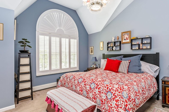 224 Moriches Middle Island Rd, Shirley, NY 11967 - bedroom featuring vaulted ceiling, a chandelier, carpet, and a baseboard heating unit
