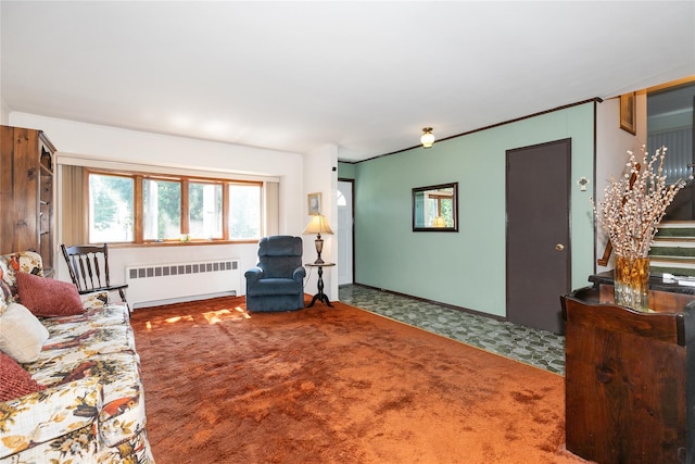 2 Nautilus Ave, Plainview, NY 11803 - carpeted living room featuring radiator heating unit and stairway