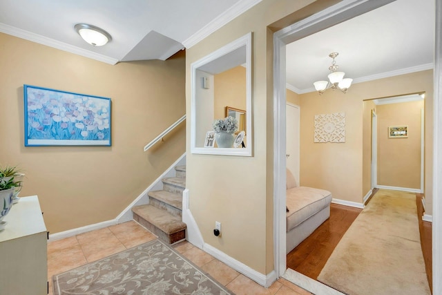 124 Robins Unit 124, New Rochelle, NY 10801 - staircase with ornamental molding, a chandelier, and tile patterned flooring