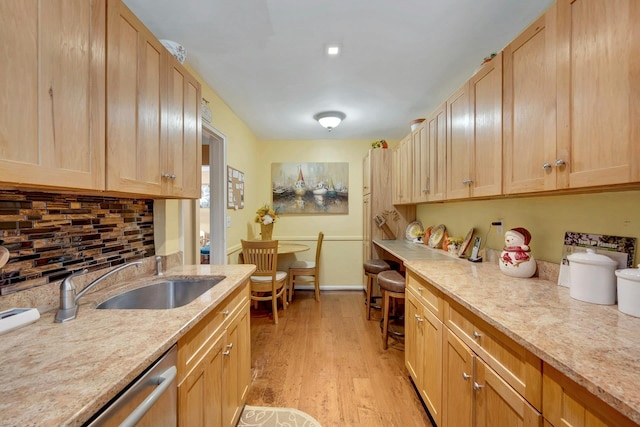 124 Robins Unit 124, New Rochelle, NY 10801 - kitchen featuring backsplash, light wood-type flooring, light brown cabinets, and stainless steel dishwasher