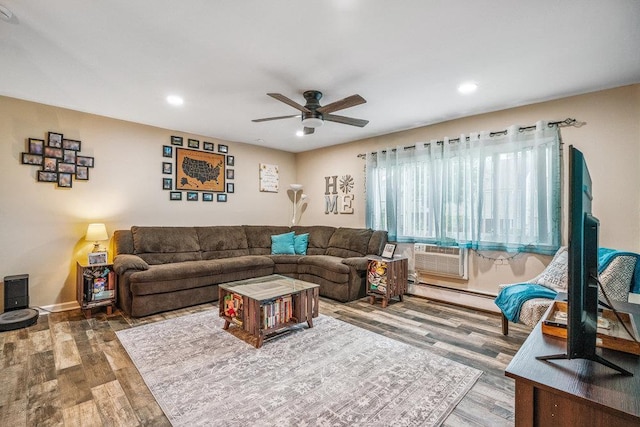 42 Richmond Blvd Unit 3B, Ronkonkoma, NY 11779 - living room featuring wood finished floors, a ceiling fan, baseboard heating, and recessed lighting