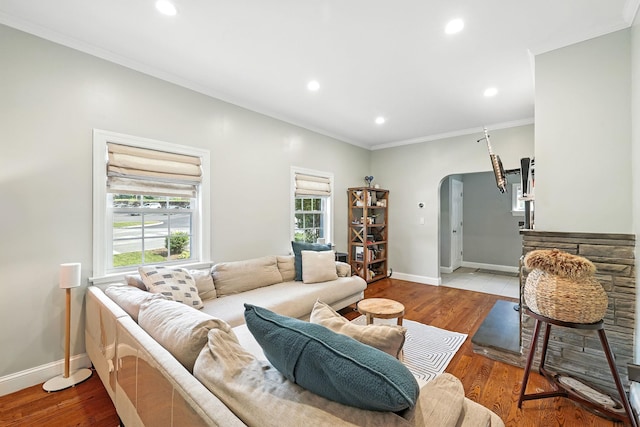 27 S Goodwin Ave, Elmsford, NY 10523 - living area featuring arched walkways, recessed lighting, wood finished floors, and ornamental molding