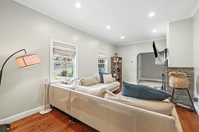 27 S Goodwin Ave, Elmsford, NY 10523 - living area featuring ornamental molding, wood finished floors, arched walkways, and recessed lighting