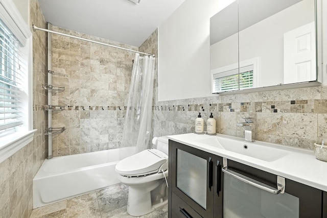 27 S Goodwin Ave, Elmsford, NY 10523 - bathroom featuring tile walls, shower / bath combo with shower curtain, and vanity