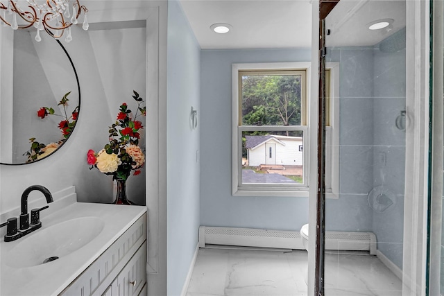 104 Schmidt Ave, Holbrook, NY 11741 - bathroom with marble finish floors, vanity, a shower stall, and baseboard heating