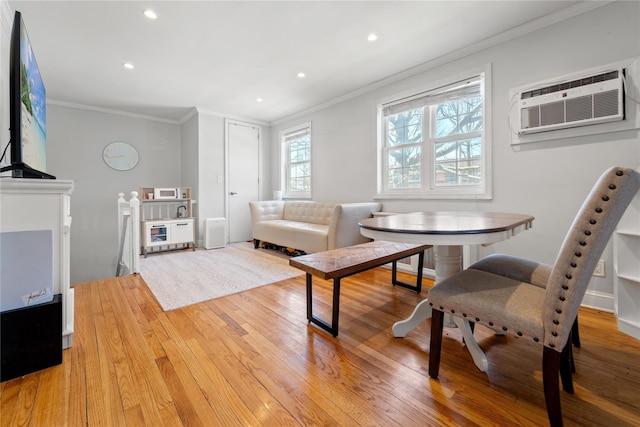 64-41 Springfield Blvd Unit B, Bayside, NY 11364 - dining area featuring crown molding, wood finished floors, a wall mounted AC, and recessed lighting