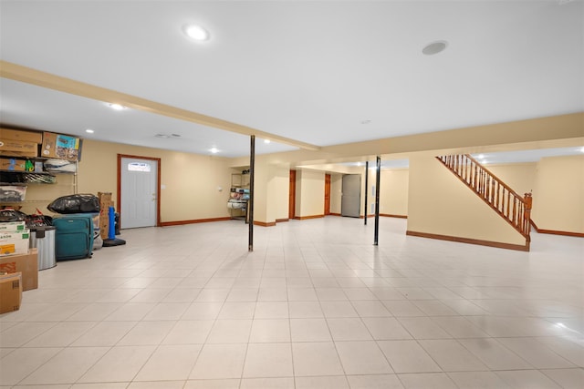 83-14 266th St, Glen Oaks, NY 11004 - finished basement featuring stairway and recessed lighting