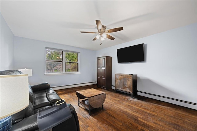1690 Grand Ave Unit A16, Baldwin, NY 11510 - living room featuring a baseboard heating unit, a ceiling fan, wood finished floors, and a baseboard radiator