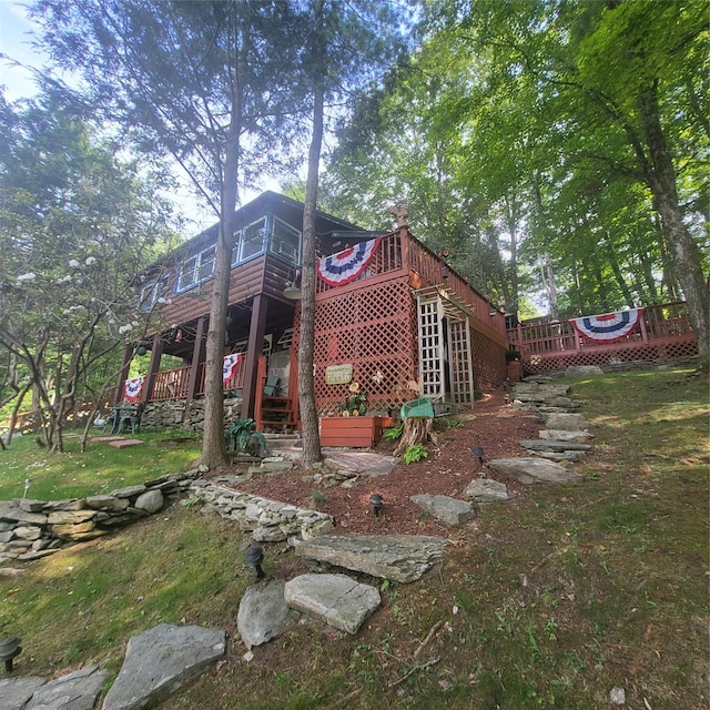 28 E Sullivan Pl, Smallwood, NY 12720 - rear view of property featuring stairs and a wooden deck