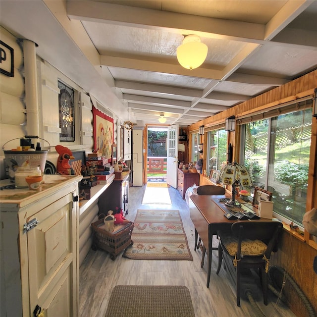 28 E Sullivan Pl, Smallwood, NY 12720 - interior space with light wood-type flooring, beamed ceiling, and wooden walls