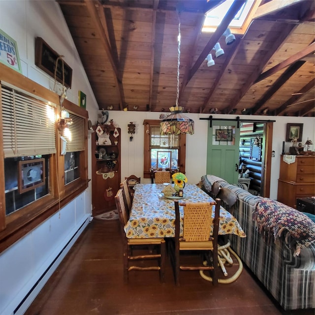 28 E Sullivan Pl, Smallwood, NY 12720 - dining area with a barn door, baseboard heating, wooden ceiling, and dark wood-style floors