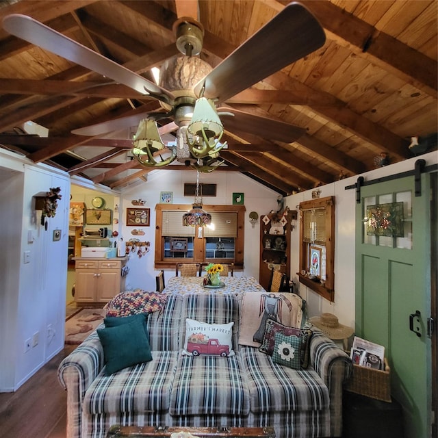 28 E Sullivan Pl, Smallwood, NY 12720 - living area with wood ceiling, wood finished floors, a ceiling fan, and a barn door