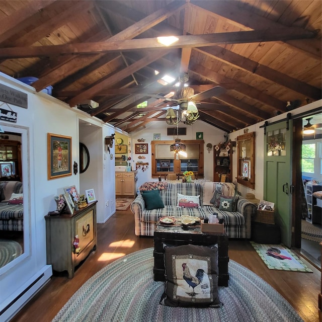 28 E Sullivan Pl, Smallwood, NY 12720 - living area featuring a baseboard radiator, a ceiling fan, dark wood-style floors, wood ceiling, and a barn door