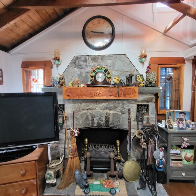 28 E Sullivan Pl, Smallwood, NY 12720 - living room with a fireplace, wood finished floors, and wood ceiling