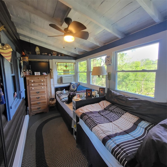 28 E Sullivan Pl, Smallwood, NY 12720 - bedroom featuring cooling unit, wood ceiling, carpet, and ceiling fan