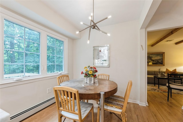 43 Woodglen Dr, New City, NY 10956 - dining area with baseboard heating, a chandelier, light wood-style flooring, and beam ceiling