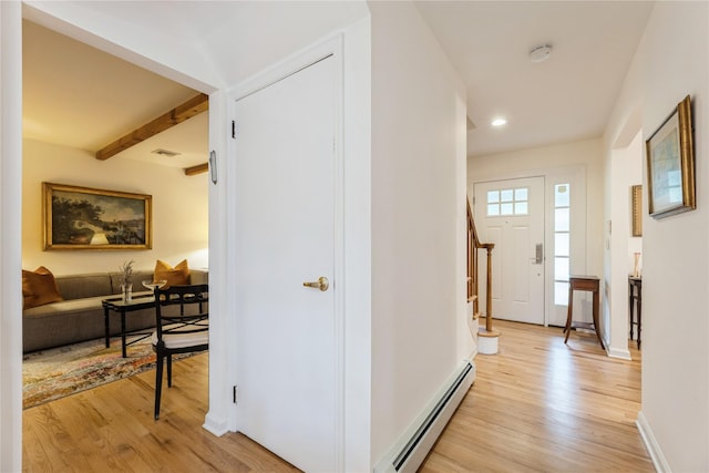 43 Woodglen Dr, New City, NY 10956 - hall featuring a baseboard heating unit, light wood-style floors, stairs, recessed lighting, and beam ceiling