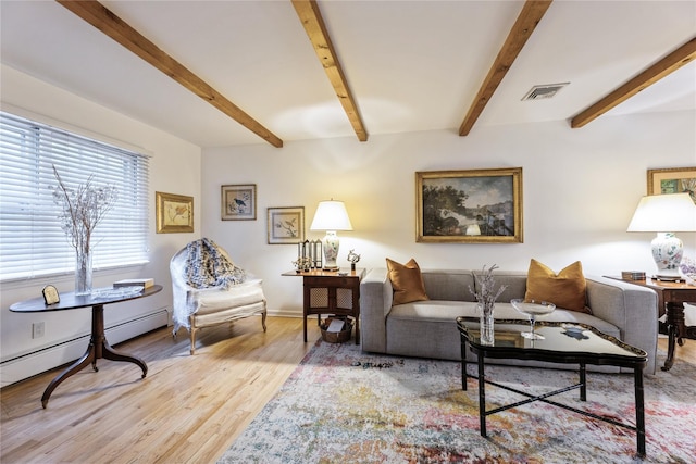43 Woodglen Dr, New City, NY 10956 - living area featuring wood finished floors, beam ceiling, and baseboard heating