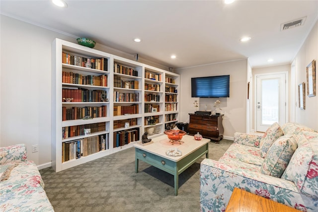 43 Woodglen Dr, New City, NY 10956 - living room featuring ornamental molding, carpet, recessed lighting, and bookshelves