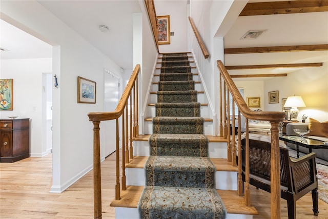 43 Woodglen Dr, New City, NY 10956 - stairway featuring wood finished floors and beamed ceiling