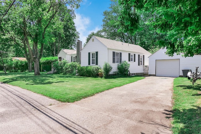 7 Clover Ln, Brookhaven, NY 11719 - ranch-style home with an outbuilding, driveway, a front yard, a garage, and a chimney