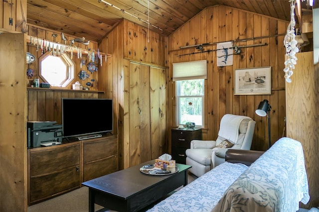 7 Clover Ln, Brookhaven, NY 11719 - living area with vaulted ceiling, wood ceiling, and wooden walls