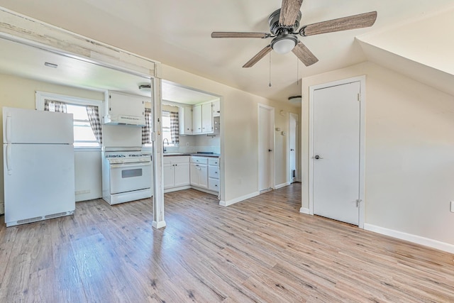118 Edmund, Lynbrook, NY 11563 - kitchen featuring white appliances, a ceiling fan, under cabinet range hood, light wood finished floors, and white cabinets