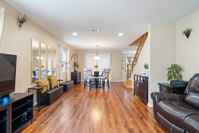 81 Baldwin Rd, Hempstead, NY 11550 - dining area featuring stairway, wood finished floors, and recessed lighting