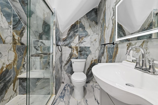 73 Broadway, Valley Stream, NY 11580 - bathroom featuring tile walls, marble tiled flooring, a marble finish shower, and vanity