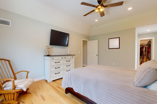 9 Shaw Ln, East Moriches, NY 11940 - bedroom with recessed lighting, light wood-style floors, a ceiling fan, and vaulted ceiling