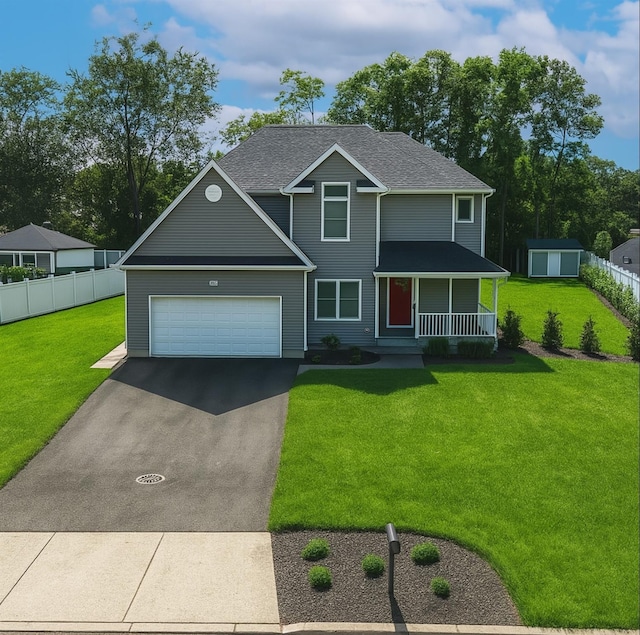 9 Shaw Ln, East Moriches, NY 11940 - view of front of property with driveway, covered porch, a garage, a shed, and roof with shingles