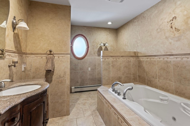 24 Croft Ln, Smithtown, NY 11787 - bathroom featuring a baseboard heating unit, tile walls, vanity, a tub with jets, and tile patterned flooring