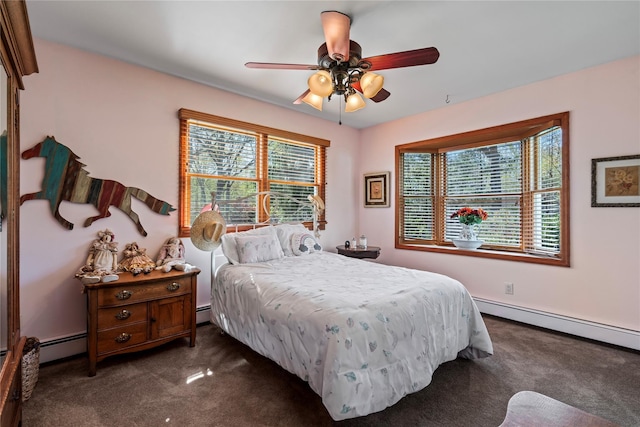 24 Croft Ln, Smithtown, NY 11787 - bedroom with dark carpet, baseboard heating, and ceiling fan