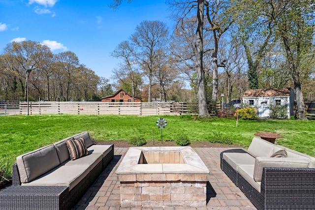 24 Croft Ln, Smithtown, NY 11787 - fenced backyard with an outdoor living space, a patio, and an outdoor structure